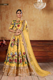 Yellow Floral Printed Silk Lehenga Choli with Embroidered Dupatta