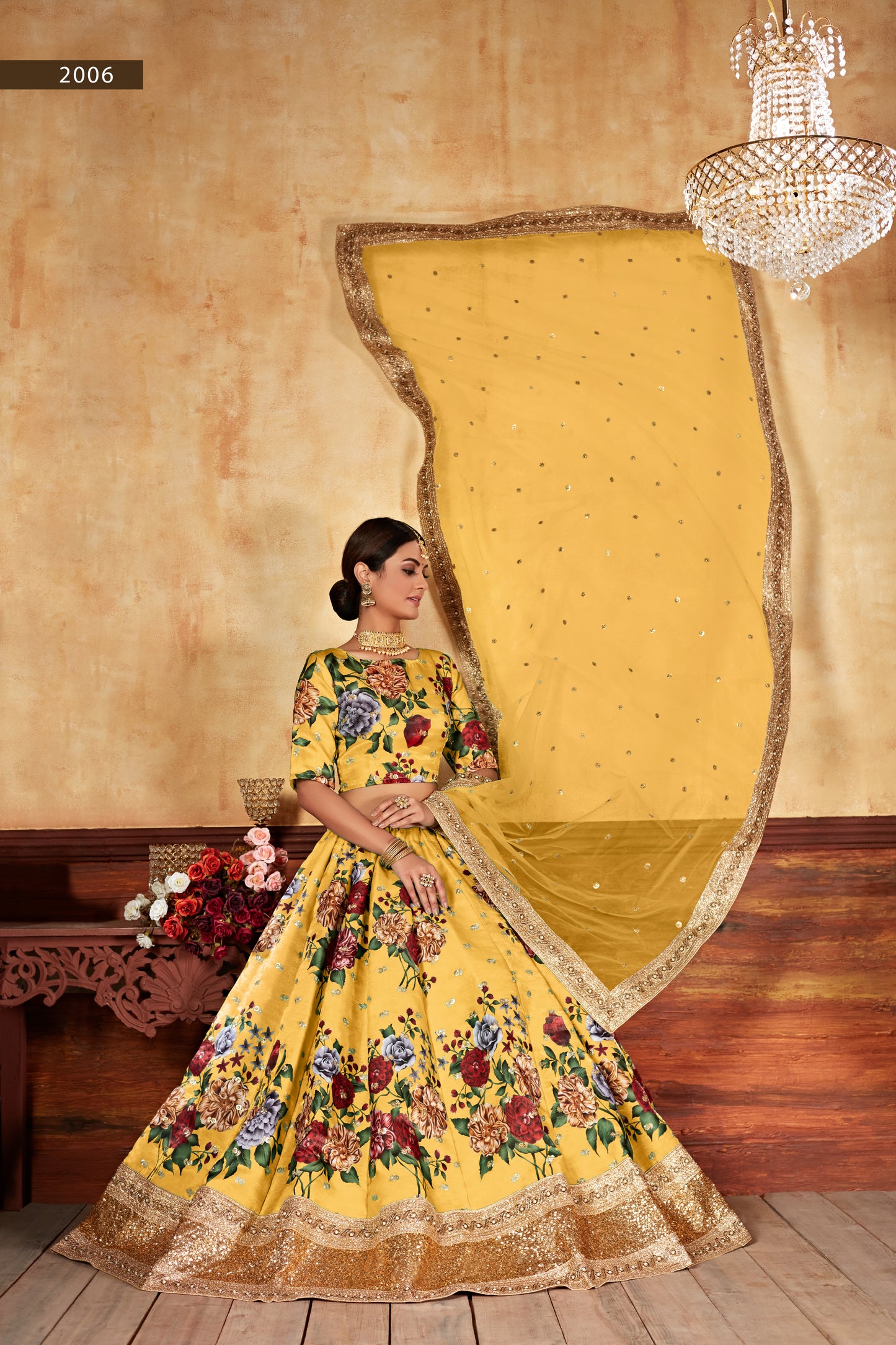 Yellow Floral Printed Silk Lehenga Choli with Embroidered Dupatta