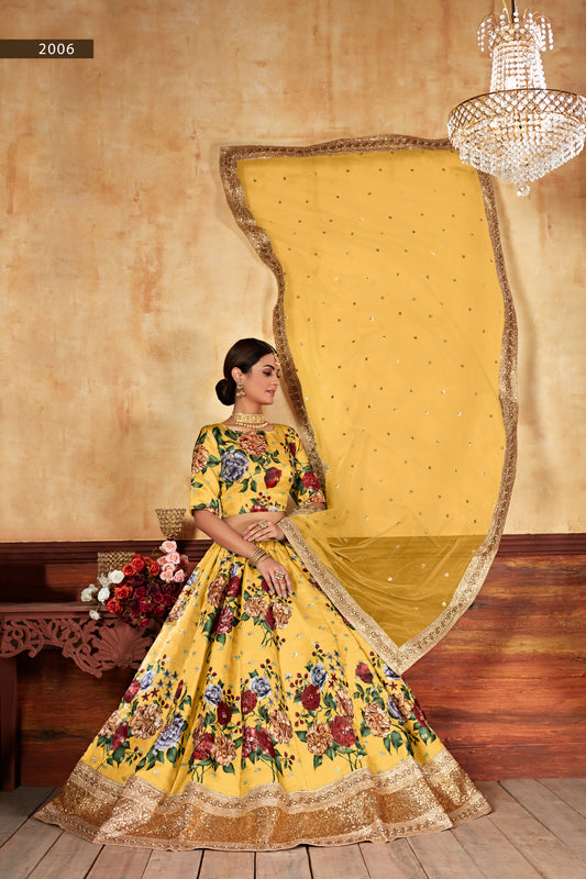 Yellow Floral Printed Silk Lehenga Choli with Embroidered Dupatta