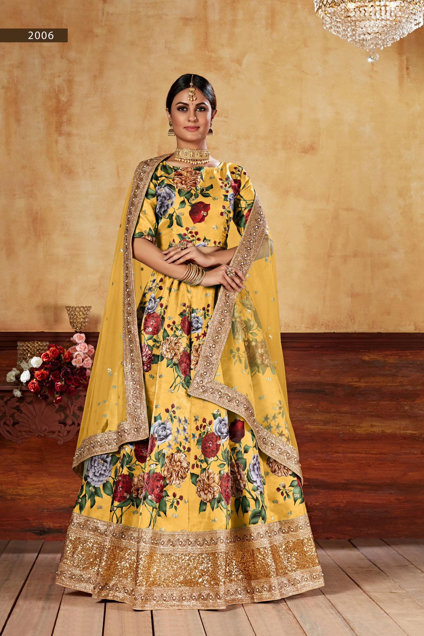 Yellow Floral Printed Silk Lehenga Choli with Embroidered Dupatta
