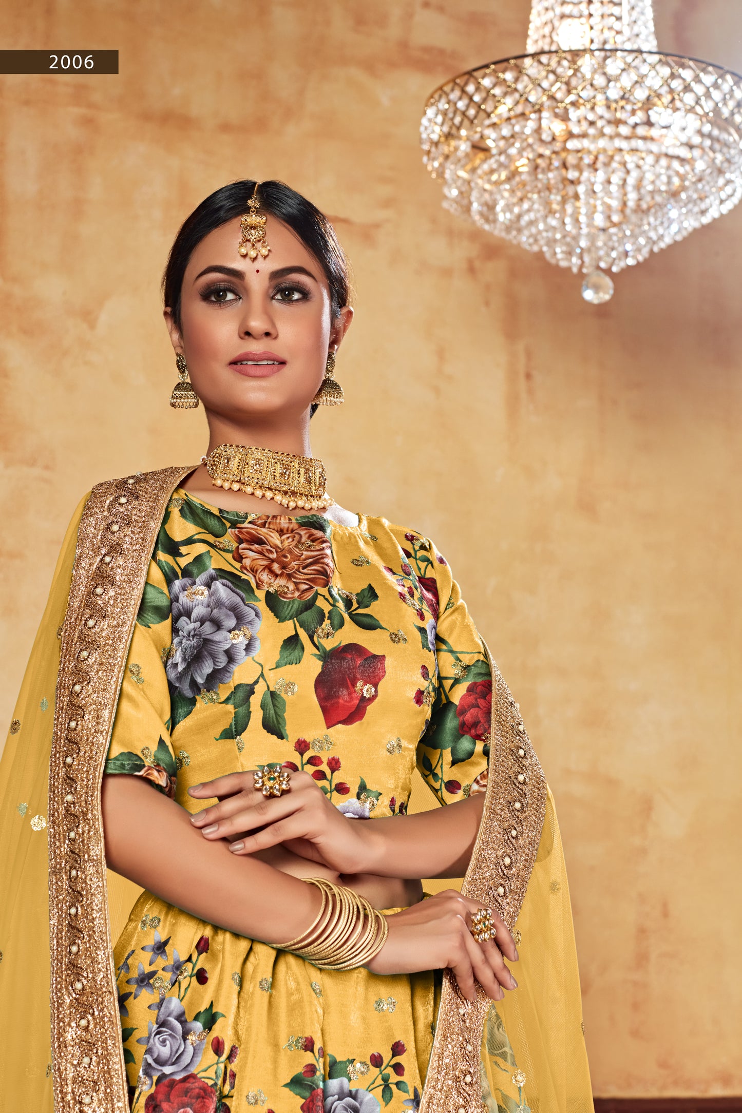 Yellow Floral Printed Silk Lehenga Choli with Embroidered Dupatta