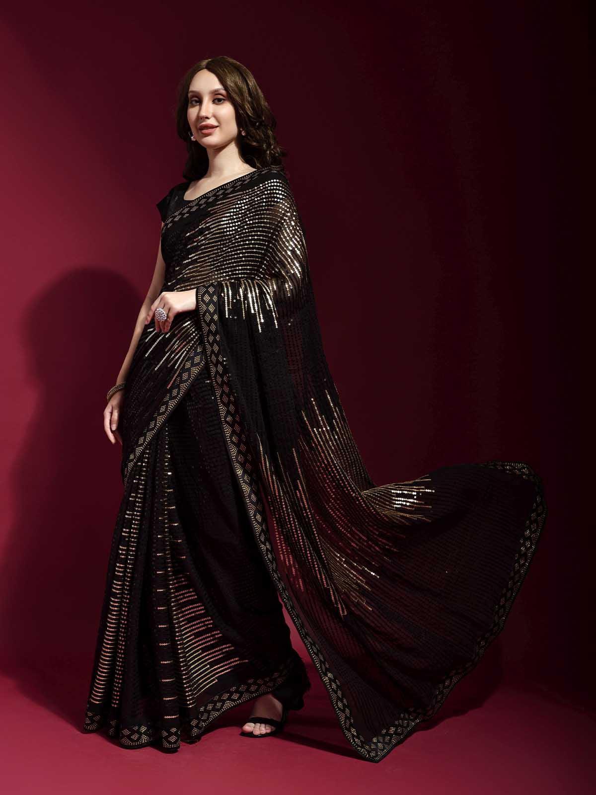 Designer Black Georgette Saree with Golden Multi Sequin Work – Wedding & Party Wear