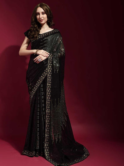 Designer Black Georgette Saree with Golden Multi Sequin Work – Wedding & Party Wear