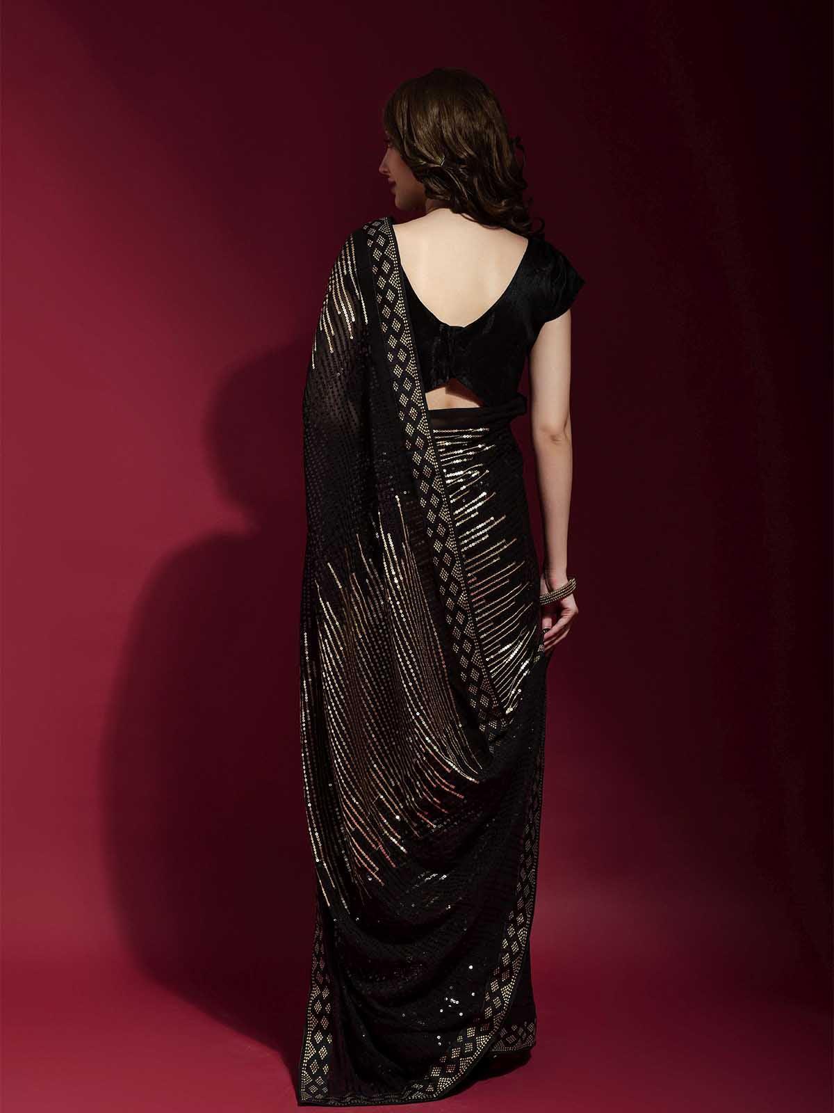 Designer Black Georgette Saree with Golden Multi Sequin Work – Wedding & Party Wear