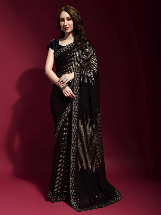Designer Black Georgette Saree with Golden Multi Sequin Work – Wedding & Party Wear