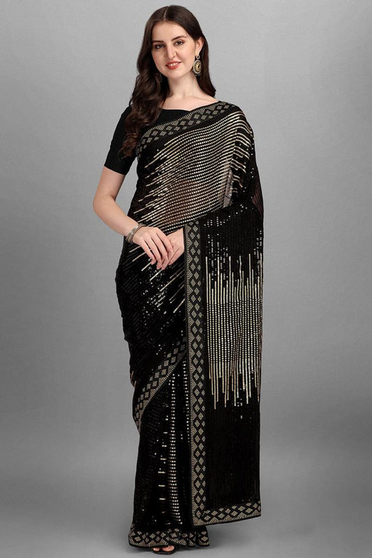 Designer Black Georgette Saree with Golden Multi Sequin Work – Wedding & Party Wear