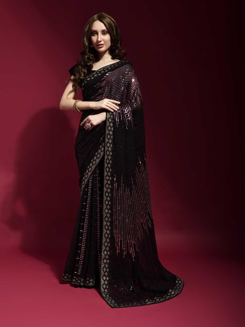 Premium Pink Georgette Saree with Multi Sequin Embroidery for Weddings, Receptions, Parties, and Festive Wear