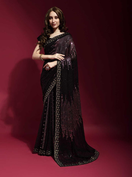Premium Pink Georgette Saree with Multi Sequin Embroidery for Weddings, Receptions, Parties, and Festive Wear