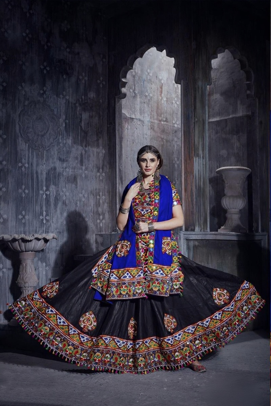 Designer Black Navratri Lehenga Choli with Royal Blue Dupatta – Traditional Mirror & Gamthi Work