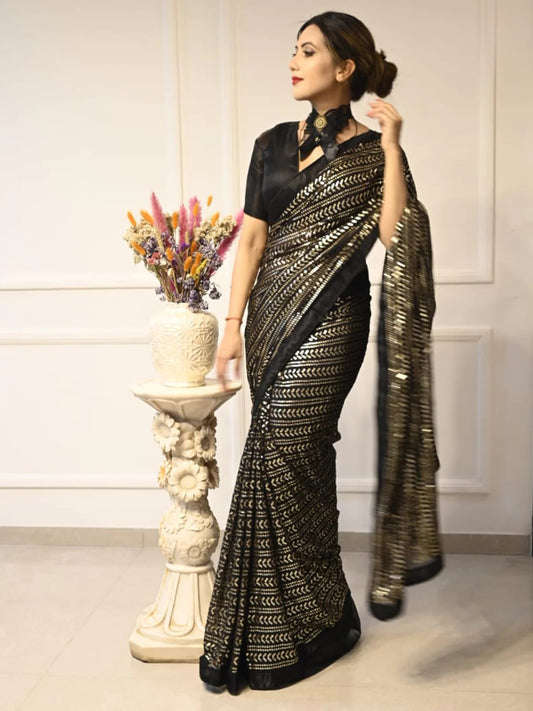 Black Wedding Look Saree | Elegant Sequence Work with Art Silk Blouse