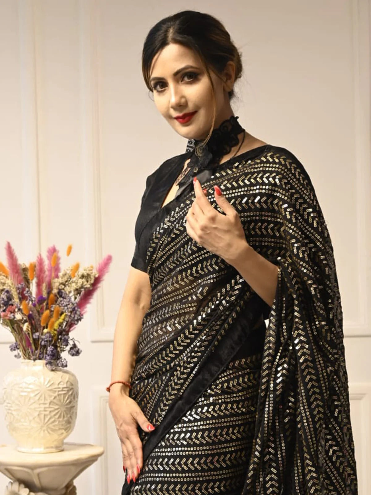 Black Wedding Look Saree | Elegant Sequence Work with Art Silk Blouse
