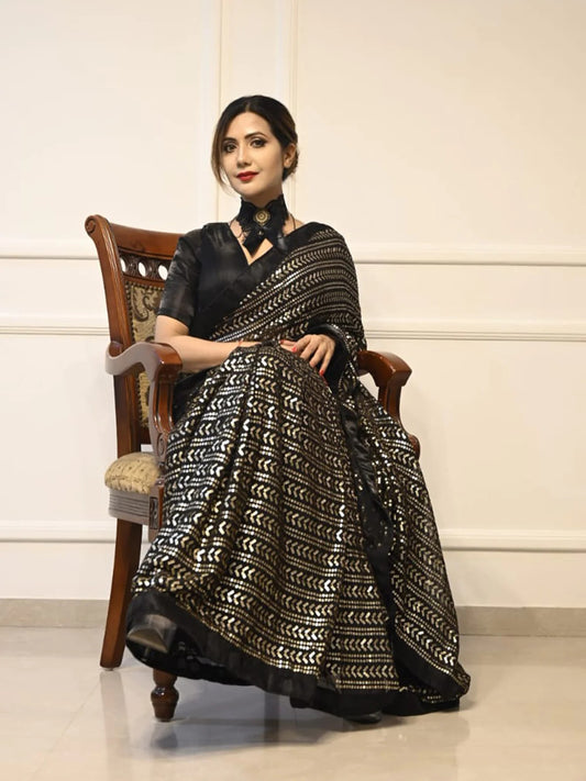 Black Wedding Look Saree | Elegant Sequence Work with Art Silk Blouse