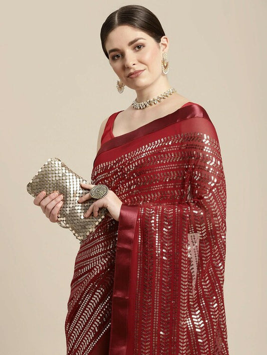Red-Brown Wedding Look Saree | Sequence Work | Thread Embroidery with Art Silk Blouse