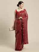 Red-Brown Wedding Look Saree | Sequence Work | Thread Embroidery with Art Silk Blouse