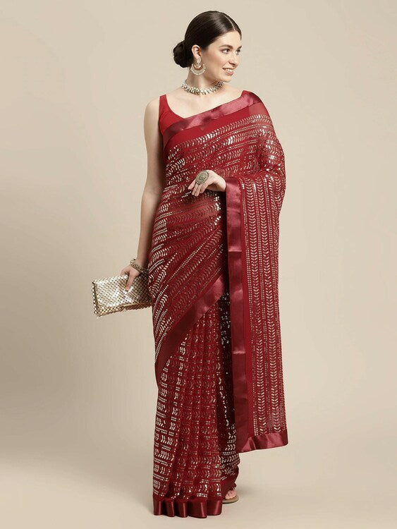 Red-Brown Wedding Look Saree | Sequence Work | Thread Embroidery with Art Silk Blouse