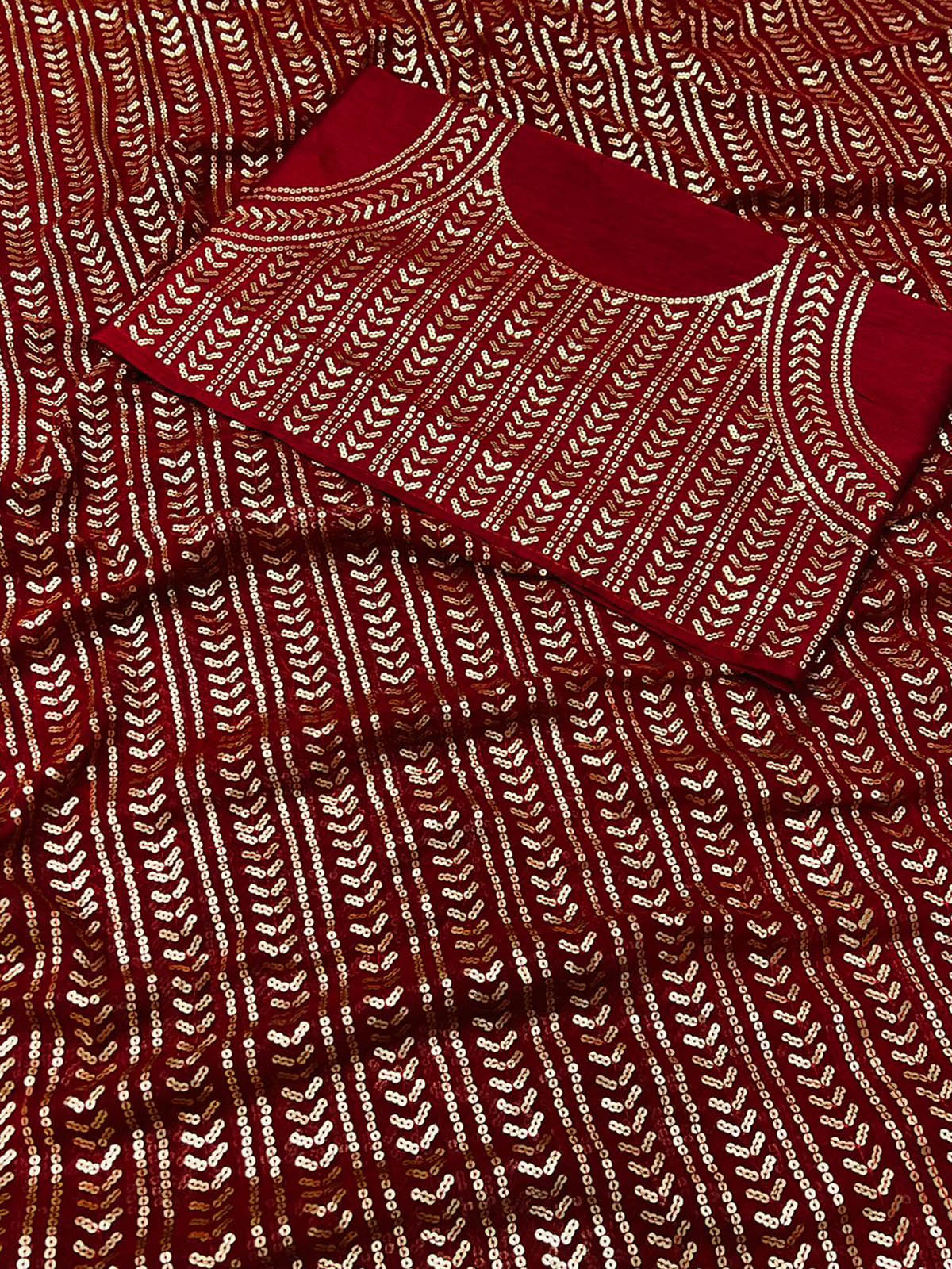 Red-Brown Wedding Look Saree | Sequence Work | Thread Embroidery with Art Silk Blouse