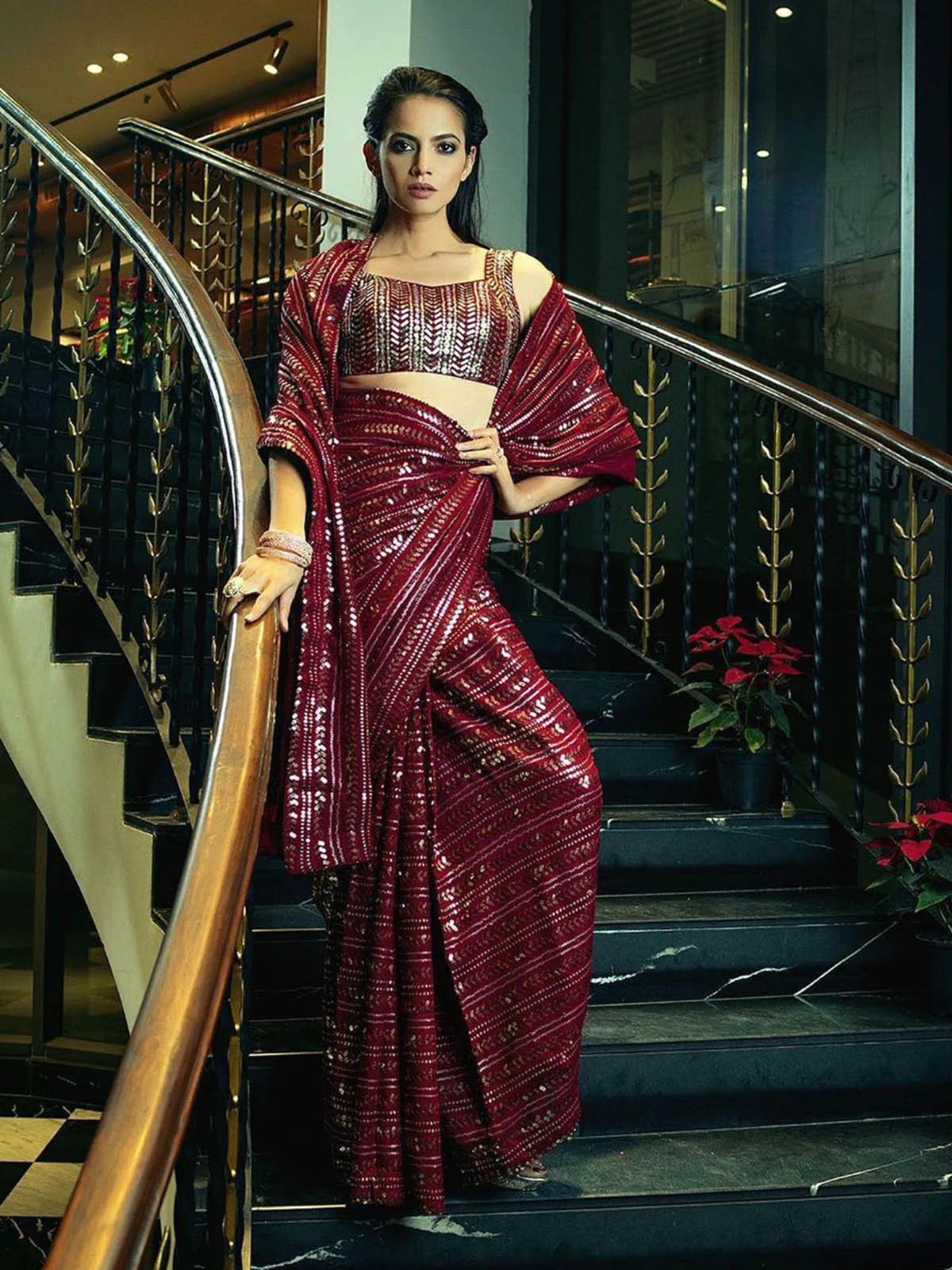 Red-Brown Wedding Look Saree | Sequence Work | Thread Embroidery with Art Silk Blouse