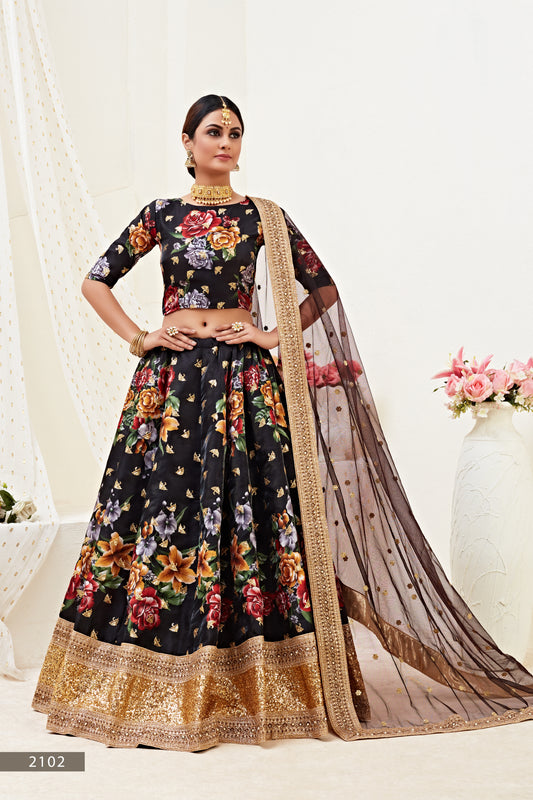 Stunning Black Floral Lehenga Choli with Dori and Sequins