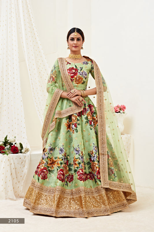 Stunning Pista Green Floral Lehenga Choli with Dori and Sequins