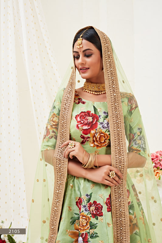 Stunning Pista Green Floral Lehenga Choli with Dori and Sequins