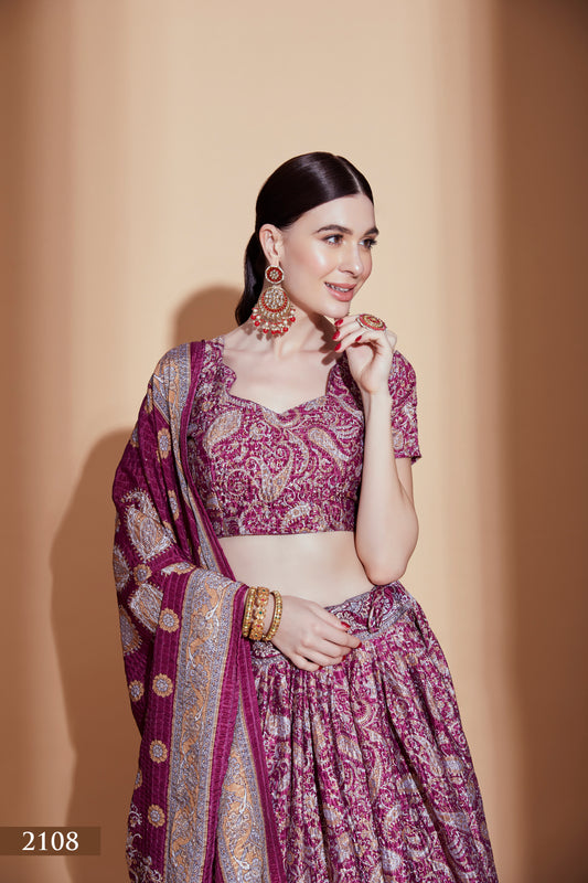 Regal Purple Chinon Lehenga Choli with Crochet & Digital Print Work