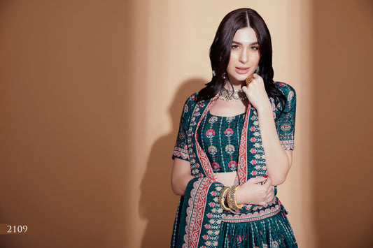 Exquisite Teal Chinon Lehenga Choli with Crochet & Digital Print Work