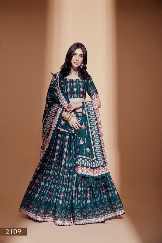 Exquisite Teal Chinon Lehenga Choli with Crochet & Digital Print Work