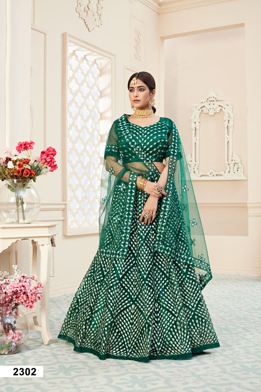 Elegant Green Soft Net Lehenga Choli with Badla Thread Work