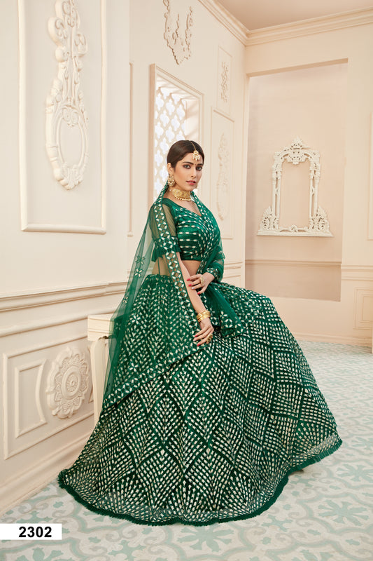 Elegant Green Soft Net Lehenga Choli with Badla Thread Work