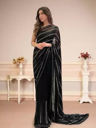 Black Georgette Wedding Look Saree | Thread & Sequence Embroidery | With Art Silk Blouse