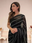 Black Georgette Wedding Look Saree | Thread & Sequence Embroidery | With Art Silk Blouse