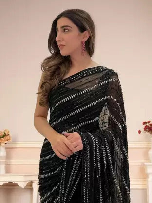 Black Georgette Wedding Look Saree | Thread & Sequence Embroidery | With Art Silk Blouse