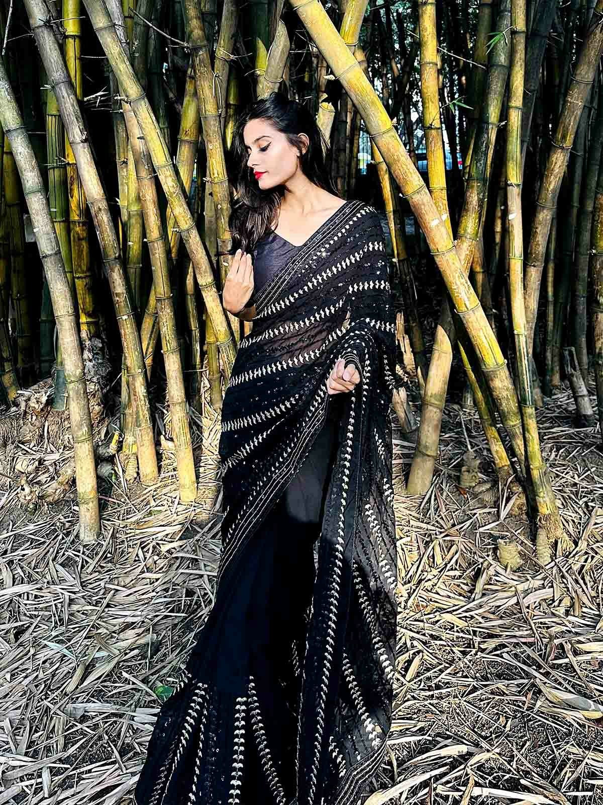 Black Georgette Wedding Look Saree | Thread & Sequence Embroidery | With Art Silk Blouse