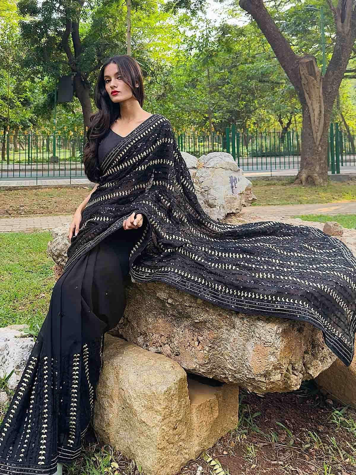 Black Georgette Wedding Look Saree | Thread & Sequence Embroidery | With Art Silk Blouse