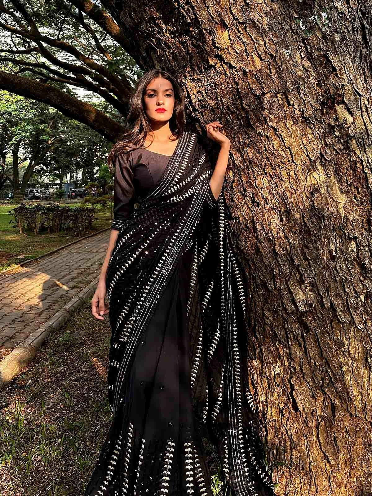 Black Georgette Wedding Look Saree | Thread & Sequence Embroidery | With Art Silk Blouse