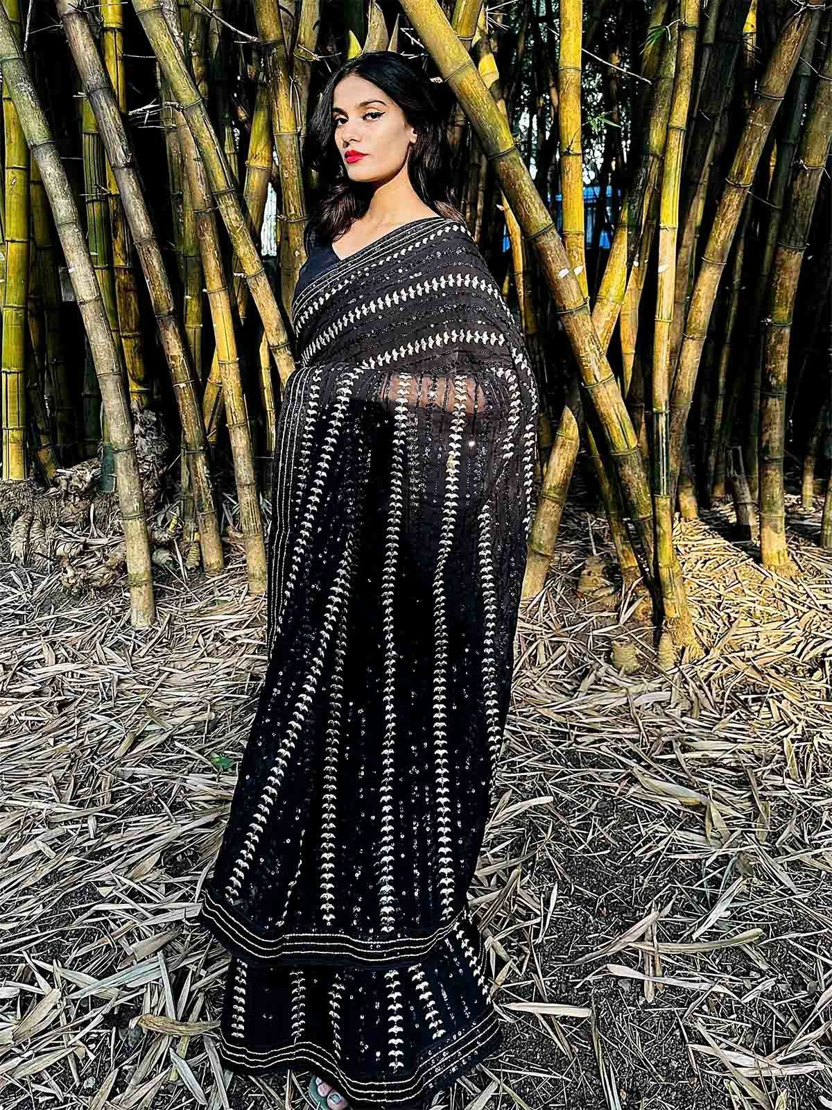 Black Georgette Wedding Look Saree | Thread & Sequence Embroidery | With Art Silk Blouse