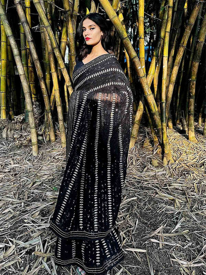 Black Georgette Wedding Look Saree | Thread & Sequence Embroidery | With Art Silk Blouse