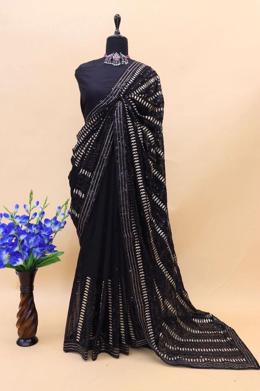 Black Georgette Wedding Look Saree | Thread & Sequence Embroidery | With Art Silk Blouse