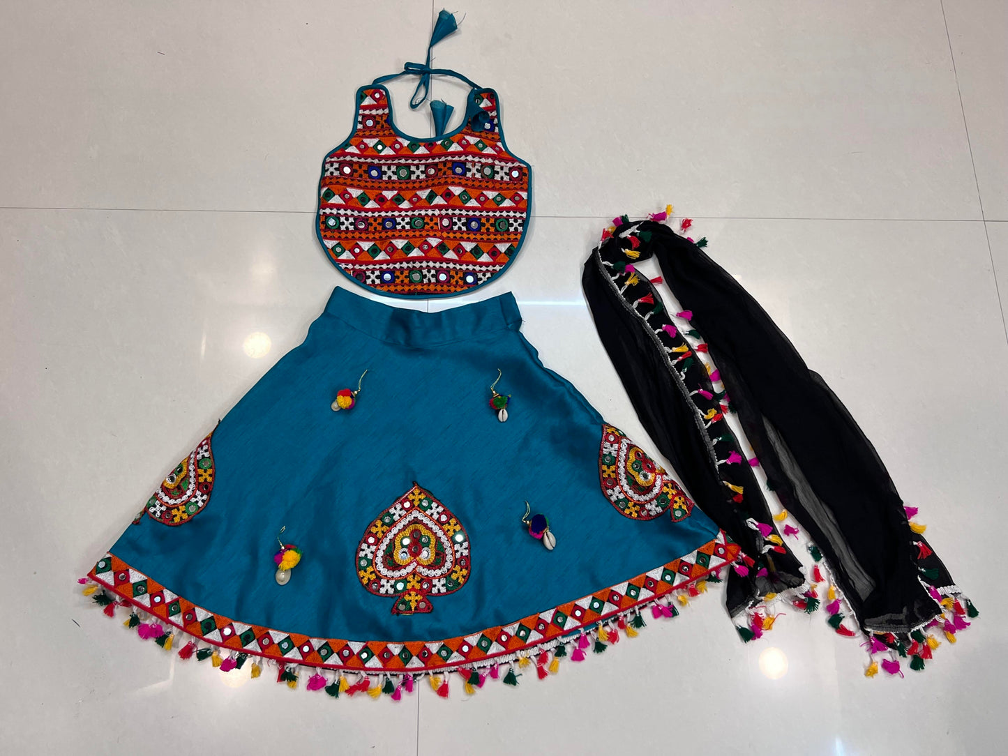 Baby Girl Navratri Chaniya Choli with Embroidered Blouse & Dupatta(Blue) (Rama) (2–3 Years)