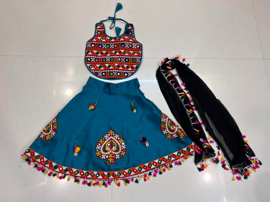 Baby Girl Navratri Chaniya Choli with Embroidered Blouse & Dupatta(Blue) (Rama) (2–3 Years)
