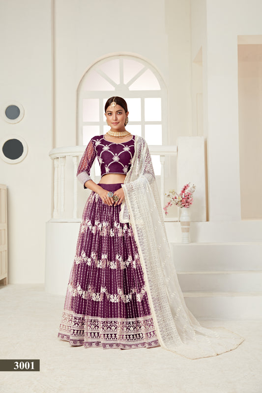 Elegant Wine Butterfly Net Lehenga Blouse Set with Multi and Sequin Work