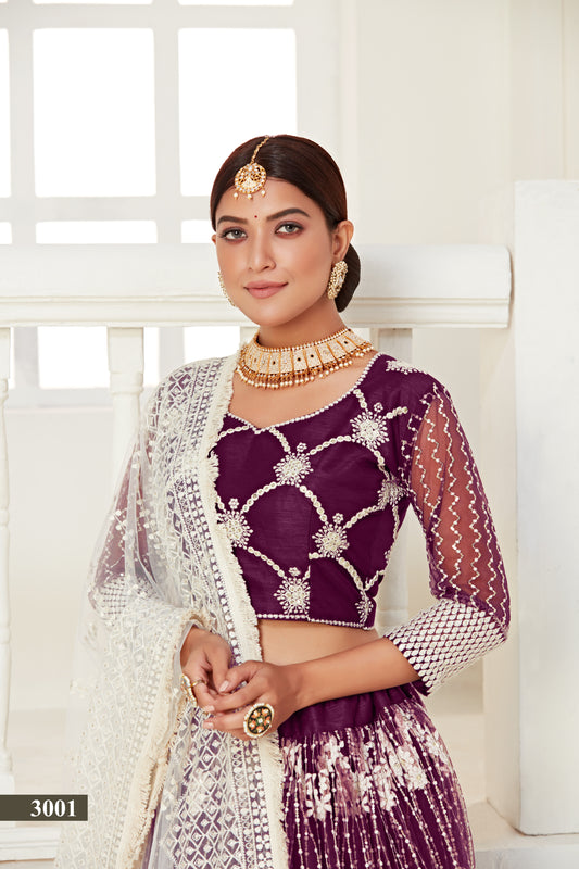 Elegant Wine Butterfly Net Lehenga Blouse Set with Multi and Sequin Work