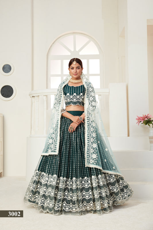 Elegant Green Butterfly Net Lehenga Blouse Set with Multi and Sequin Work