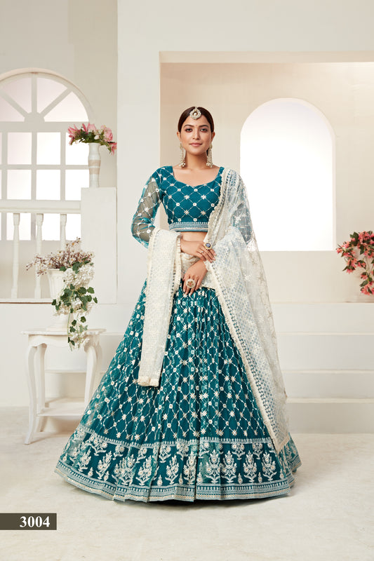 Elegant Teal Butterfly Net Lehenga Blouse Set with Multi and Sequin Work