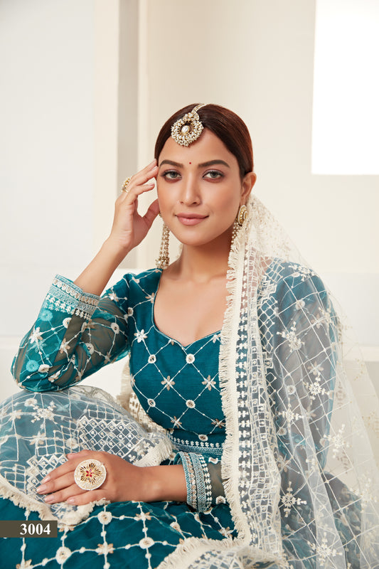 Elegant Teal Butterfly Net Lehenga Blouse Set with Multi and Sequin Work
