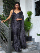 Gray Ragoli Silk Wedding Look Saree | Thread & Sequence Embroidery | With Unstitched Blouse