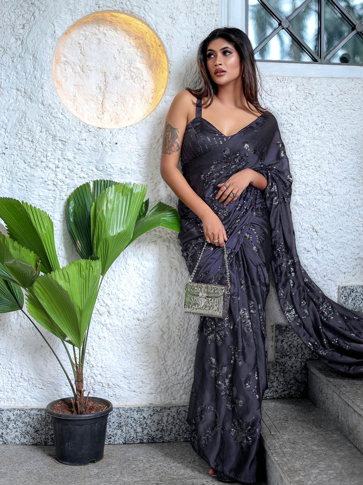Gray Ragoli Silk Wedding Look Saree | Thread & Sequence Embroidery | With Unstitched Blouse
