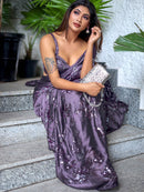 Purple Ragoli Silk Wedding Look Saree | Thread & Sequence Embroidery | With Unstitched Blouse