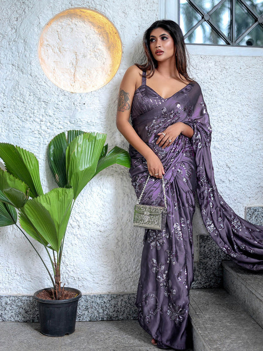 Purple Ragoli Silk Wedding Look Saree | Thread & Sequence Embroidery | With Unstitched Blouse
