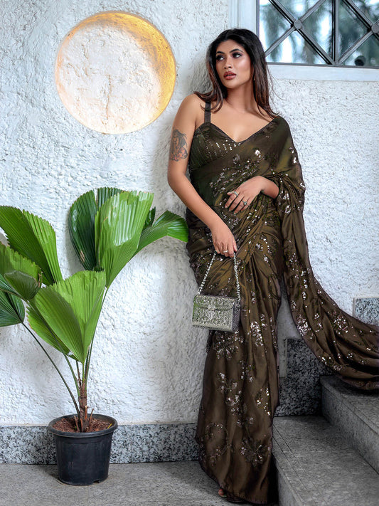 Elegant Henna Green (Mehendi) Ragoli Silk Saree with Thread Sequence Work – Wedding & Party Wear
